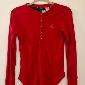 Lauren Ralph Red Long Sleeve Henley Top Y2K
